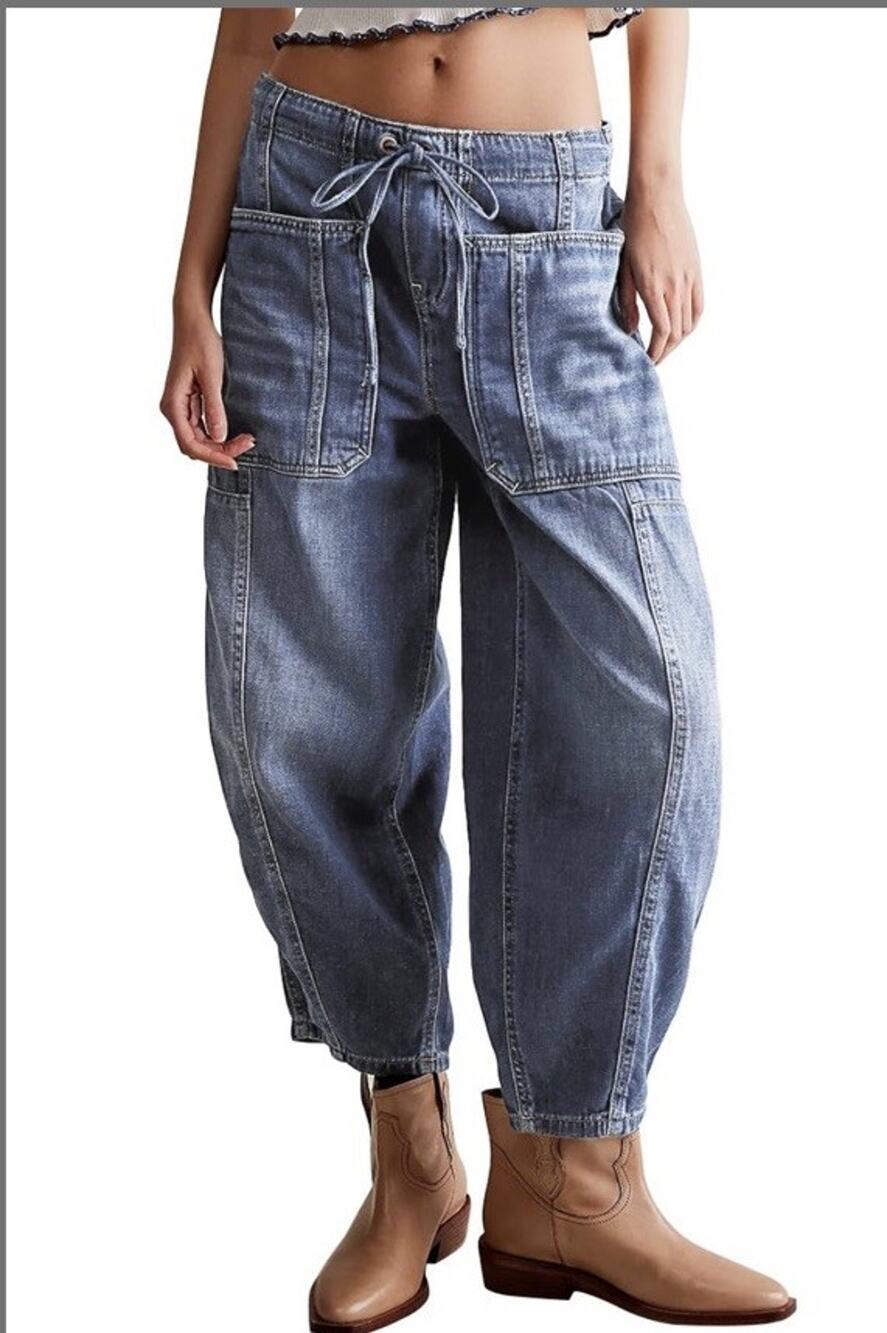 Women's Barrel Jeans Wide Leg Baggy Elastic Low Rise Boyfriend W/ Pockets Sz 14